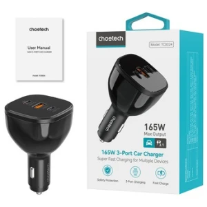 AUTOLAADIJA CHOETECH, 12-24V,   USB-A , 2X USB-C, 165W, MUST